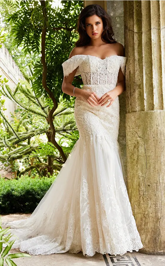 jovani Jovani JB07161 Ivory Off the Shoulder Lace Bridal Dress